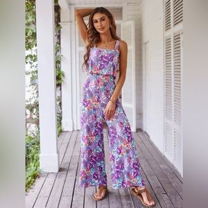 Floral Wide Leg Pant Cami Jumpsuit Travel Vacay Bohemian